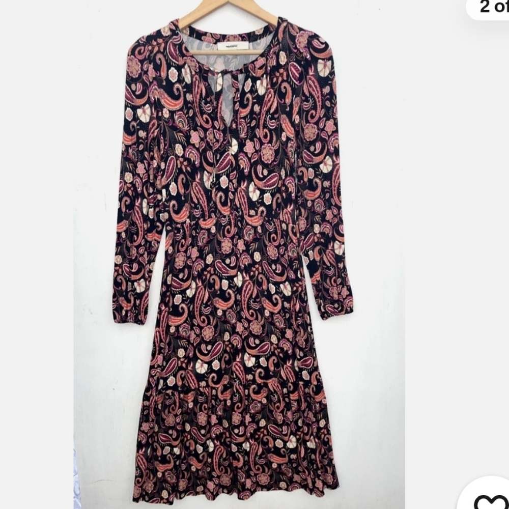 LOFT Pink & Black Paisley Long Sleeve Boho Dress
